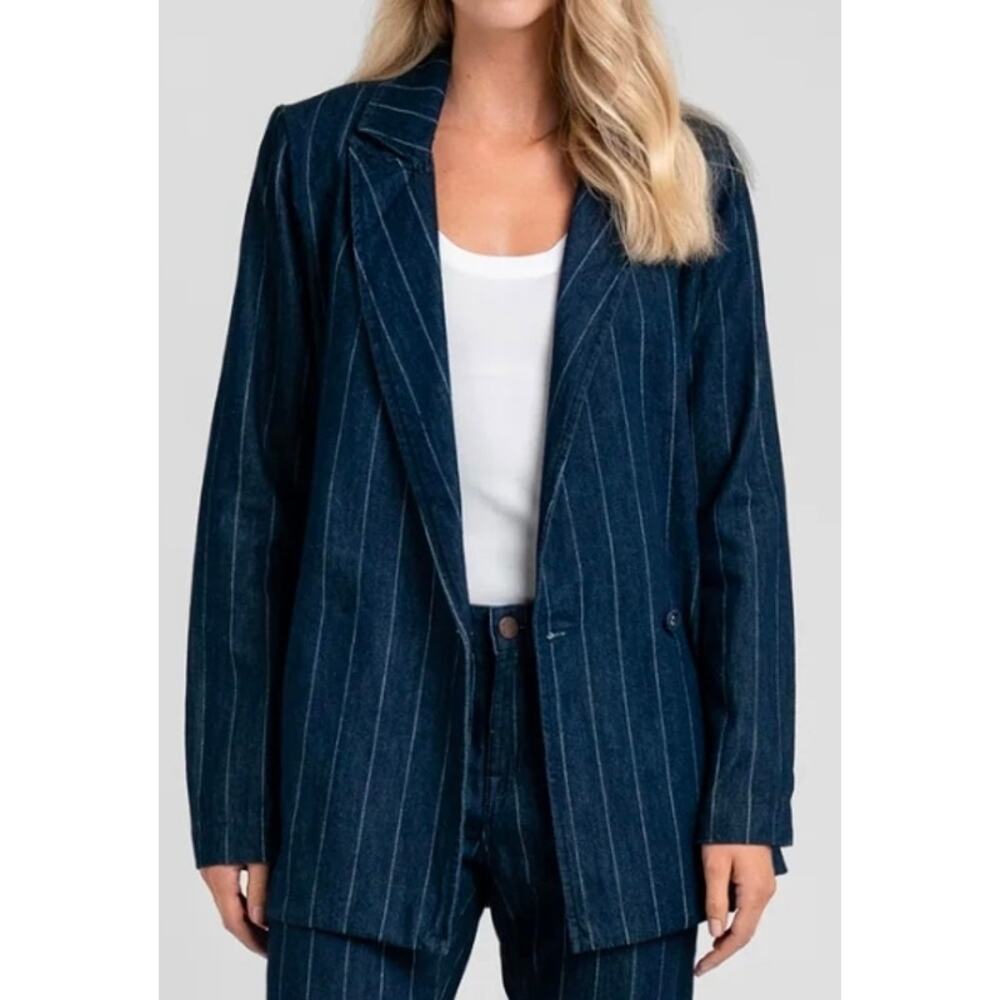 Parker Smith Oversized Navy & White Striped Cotton Denim Blazer L Streetwear